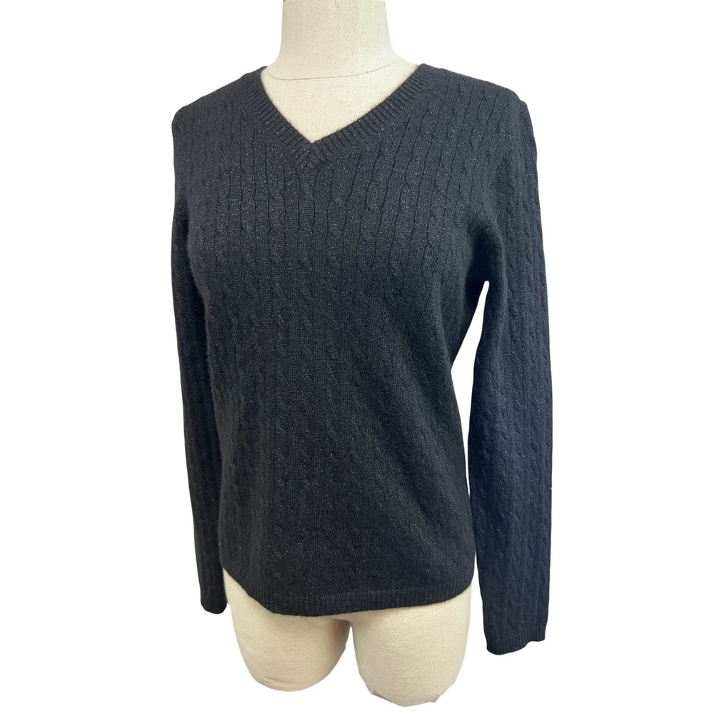 Charter Club Sweater Womens S Black Excellent Cashmere‎ Blend Cable Knit V-Neck
